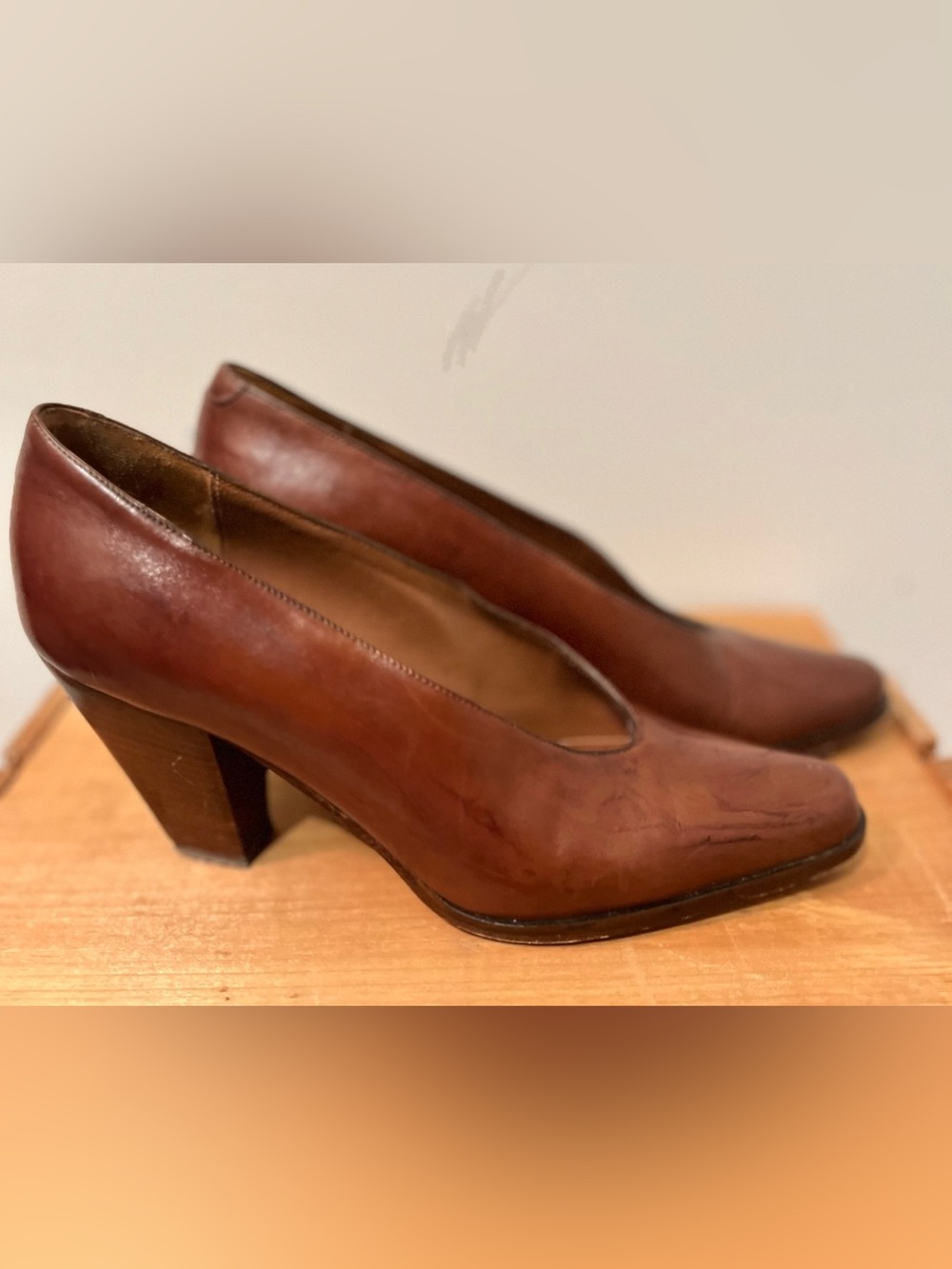 Anne Klein Brown Leather Mid Block Heel Pumps